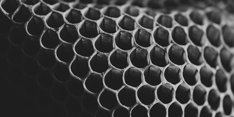Poster - Close up of honeycomb showcasing geometric pattern of hexagonal cells in black and white, emphasizing texture and symmetry