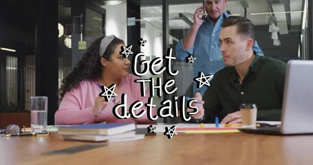 Poster - Collaborating at office table, people creating animation with stars and details
