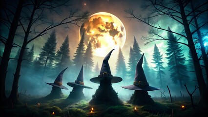 Poster - Mystical Moonlit Forest: Double Exposure Witches' Hats Silhouette Pack