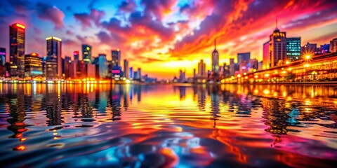 Poster - Neon City Sunset Reflection Macro Photography - Still Water, Urban Nightscape