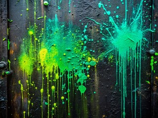 Poster - Neon Green Turquoise Spray Paint on Black Metal Wall - Urban Street Art Detail Stock Photo