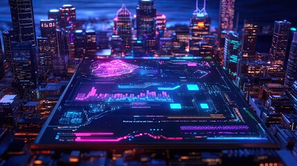 Poster - Futuristic Cityscape with Digital Data Visualization and Neon Lights