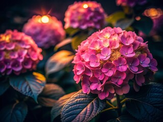 Wall Mural - Night Bloom: Pink Hydrangea Flowers Background, Dark Romantic Garden Photography