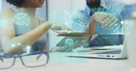 Poster - People discussing over tablet with digital brain and DNA animations overlay