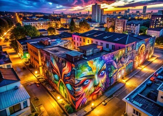 Poster - Night Drone Shot: Vibrant Graffiti Mural on Building Facade