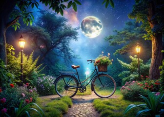 Wall Mural - Night Garden Bicycle - Serene Moonlight Ride