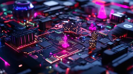 Poster - Futuristic Circuit Board Close-Up with Neon Lights and Structures