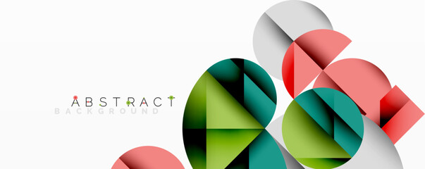 Poster - Abstract geometric design with intersecting circles, triangles, squares and sharp angles creating a layered composition with gradients, depth, and contrast