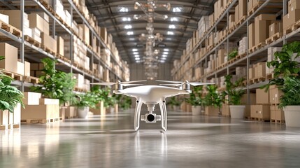 Poster - Modern Drone in a Spacious Warehouse with Shelves and Boxes