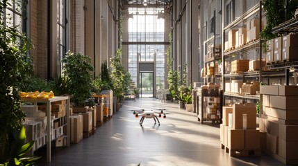 Poster - Modern Warehouse Interior with Drone Among Green Plants and Boxes
