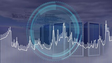 Poster - Data processing animation over cityscape with digital graphs and coding elements