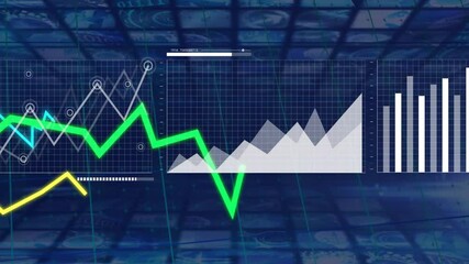Poster - Displaying financial graph and bar chart, animation shows data trends digitally