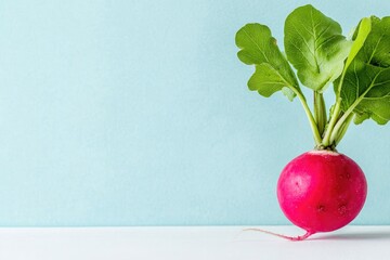 Poster - clean photo of single radish with its leafy top placed on white surface and illuminated by soft light with wide copy