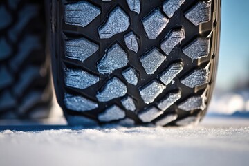 Poster - close-up of winter tires with deep treads designed for icy roads positioned on snowy surface showing intricate details