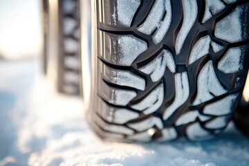 Poster - close-up of winter tires with deep treads designed for icy roads positioned on snowy surface showing intricate details