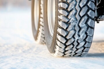 Poster - close-up of winter tires with deep treads designed for icy roads positioned on snowy surface showing intricate details