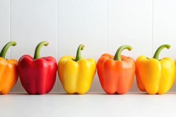 Poster - dynamic image of colorful bell peppers arranged in row on smooth white background with subtle reflections and ample