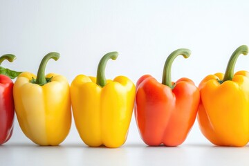 Poster - dynamic image of colorful bell peppers arranged in row on smooth white background with subtle reflections and ample