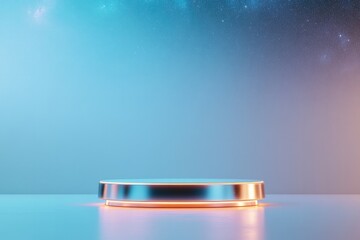 Poster - futuristic podium with metallic shine glowing edges and cosmic starry backdrop surrounded by generous copy space