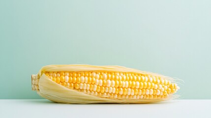 Poster - minimalist photo of single ear of corn with husks resting on plain white surface with soft lighting 