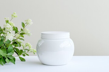 Poster - mockup of glossy white jar with smooth finish perfectly positioned on plain white surface