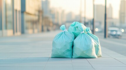 Poster - neatly organized pile of trash bags ready for collection set on clean sidewalk with blurred cityscape in background