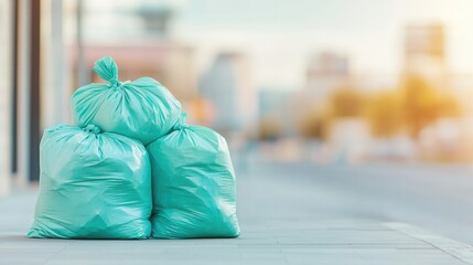 Poster - neatly organized pile of trash bags ready for collection set on clean sidewalk with blurred cityscape in background