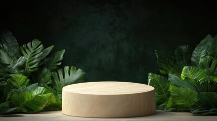 Poster - rounded podium crafted with wood textures and surrounded by greenery illuminated with natural light and generous copy