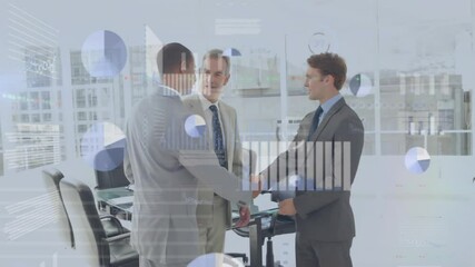 Poster - Shaking hands, business professionals with data processing animation in office setting