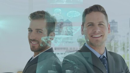 Poster - Standing back-to-back, businessmen with digital animation overlay in office setting