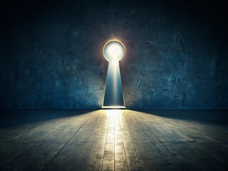 Poster - Panoramic Dark Room Glowing Keyhole Mystery - Stock Photo