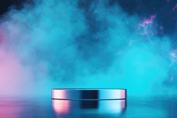 Poster - shiny metallic podium with reflective surfaces set against glowing cosmic background with wide copy space