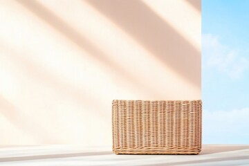 Poster - single piece of wicker furniture with simple and elegant design sits in neutral-toned room with abundant natural light