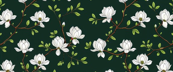 Aufkleber - magnolia pattern on green plain background digital abstract art work illustration design