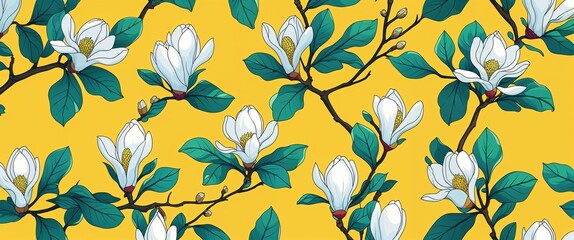Aufkleber - magnolia pattern on yellow plain background digital abstract art work illustration design