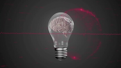 Poster - Brain inside light bulb with red digital wave animation on dark background