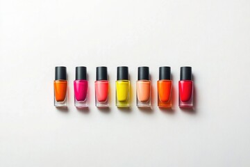 Poster - vibrant array of nail polish bottles displayed in neat row on plain white background creates rainbow effect inviting