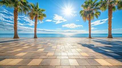 Wall Mural - Sunny beach with palm trees on tiled path. Perfect for travel, vacation, or summer themes.