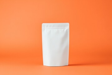 Poster - vibrant mockup of stand-up pouch in matte white placed upright on bold orange solid background with natural lighting