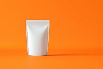 Poster - vibrant mockup of stand-up pouch in matte white placed upright on bold orange solid background with natural lighting
