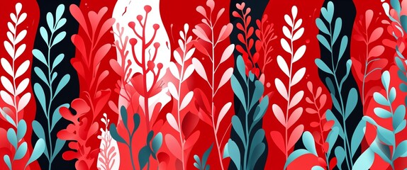 Aufkleber - seaweeds pattern on red plain background digital abstract art work illustration design