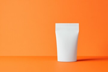 Poster - vibrant mockup of stand-up pouch in matte white placed upright on bold orange solid background with 