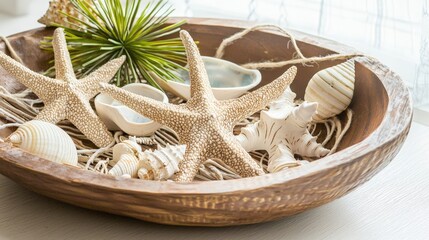 Poster - Artistic bowl filled with shells and a lush plant creating a beautiful natural decor arrangement