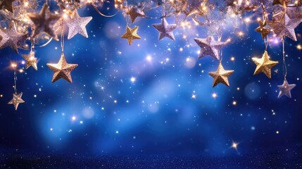 Poster - Shimmering Golden Stars Hanging Against a Magical Blue Background