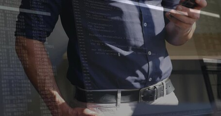 Poster - Holding smartphone with computer code overlay, person exploring animation in school