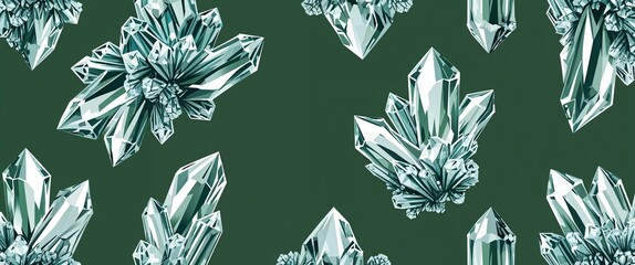 Poster - crystal clusters pattern on green plain background digital abstract art work illustration design