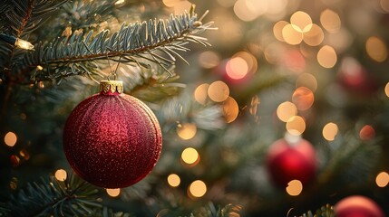 Poster - Festively adorned christmas tree with bright red ornament and sparkling lights in cozy room