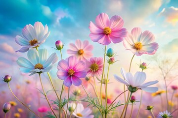 Poster - Pastel Cosmos Floral Arrangement Double Exposure Dreamy Sky Stock Photo