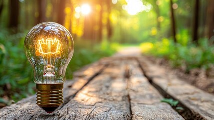 Poster - Vintage light bulb resting on a wooden table surface evoking a cozy and rustic atmosphere