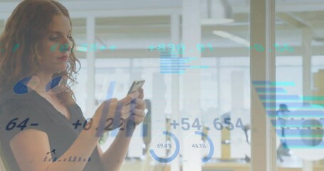 Poster - In office, woman using smartphone with animation of financial data and graphs